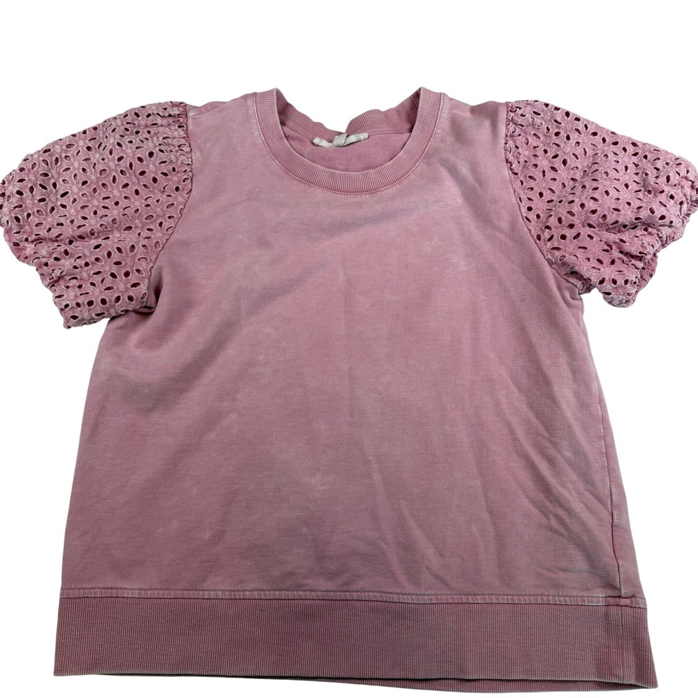 Jane + Delancey Pink Eyelet Puff Sleeve Sweatshirt Top Mauve Small